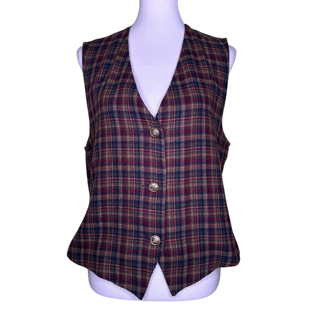 Vintage Dark Academia Casablanca Plaid Wool Blend Vest Womens Crest Button